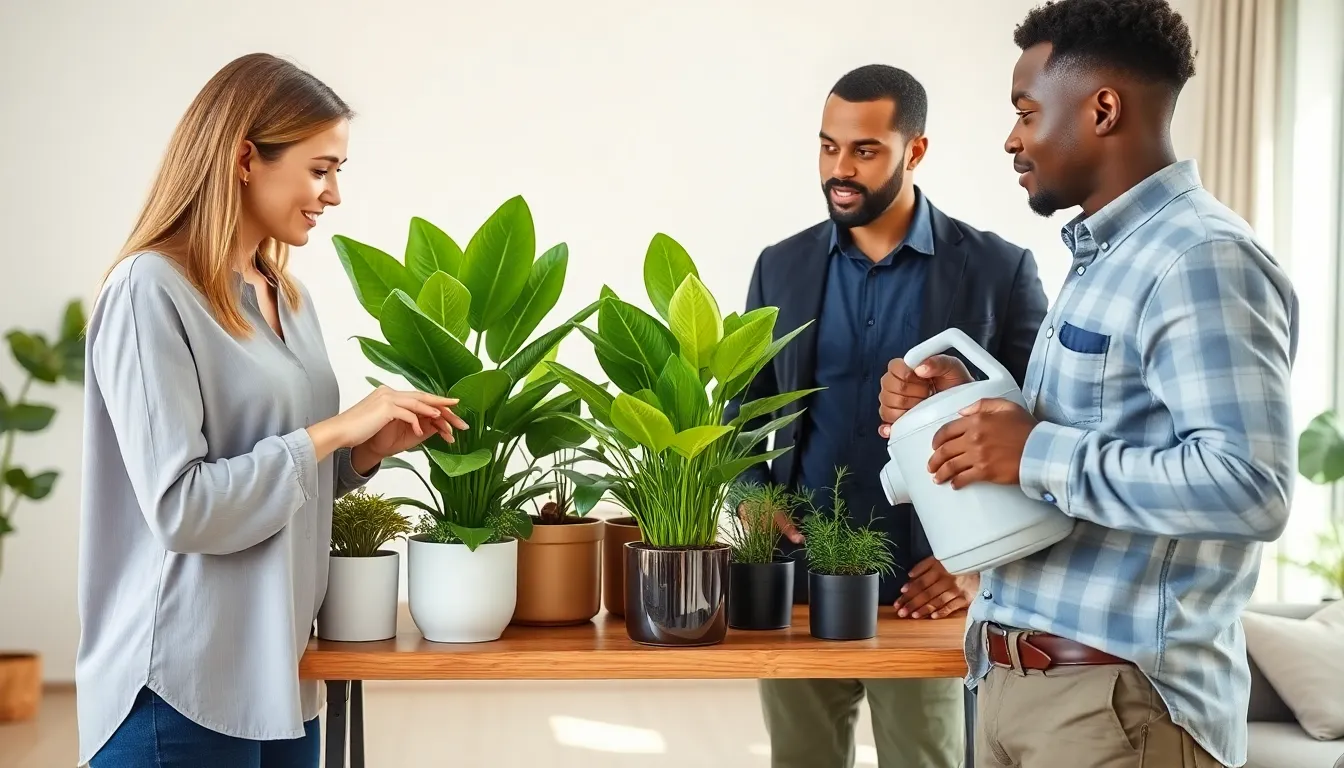 diverse individuals testing soil moisture of house plants indoors.